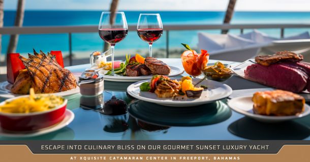 Escape into Culinary Bliss on our Gourmet Sunset Luxury Yacht in Freeport, Bahamas!