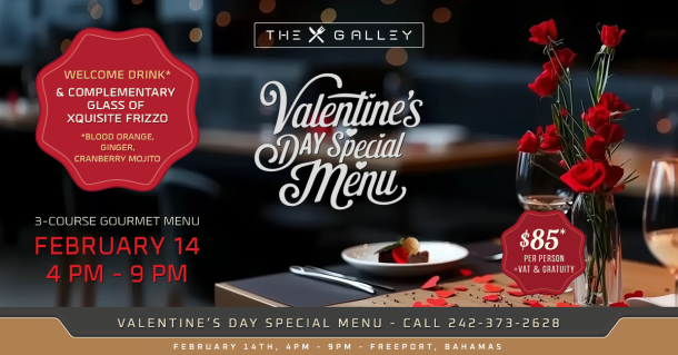 Join us for a romantic Valentine's Day dinner at The Galley. Enjoy a special menu featuring appetizers like Chicken Caesar Croquette and Truffle Parmesan Lobster Tartlet, mains such as Duck Confit and Braised Short Rib, and delightful desserts like Lemon Yuzu Posset and Caribbean Rum Cake.